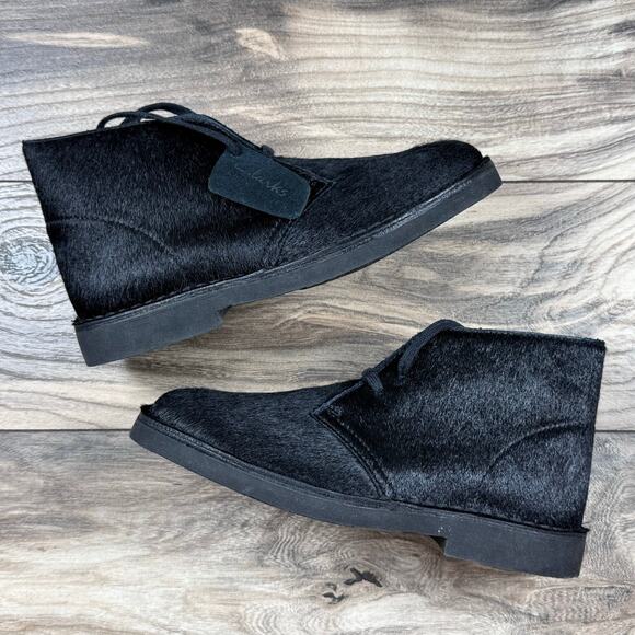 NIB Clarks Desert Boots 2 7M Black Leather Calf Hair Chukka Boots Booties - Picture 4 of 12